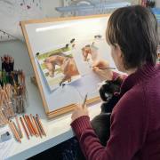 An artist and her cat working at a drawing board